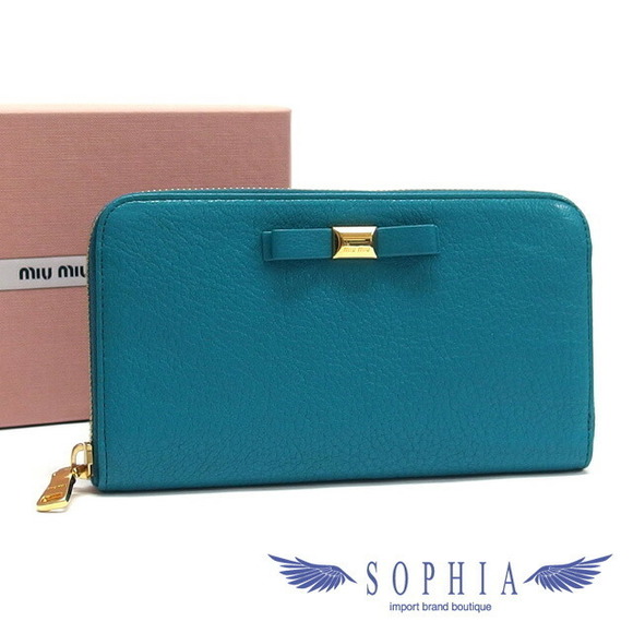 Miu Miu Zip Turquoise Blue Ribbon Long Wallet - Picture 1 of 3